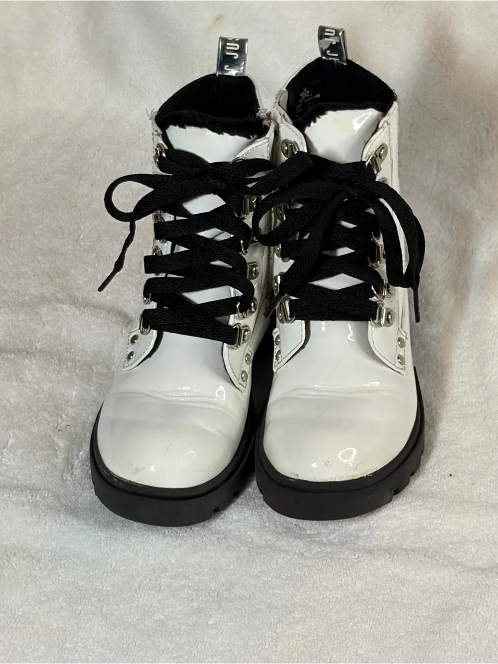 Justice White Patent Lace-Up Combat Boots with Black Laces